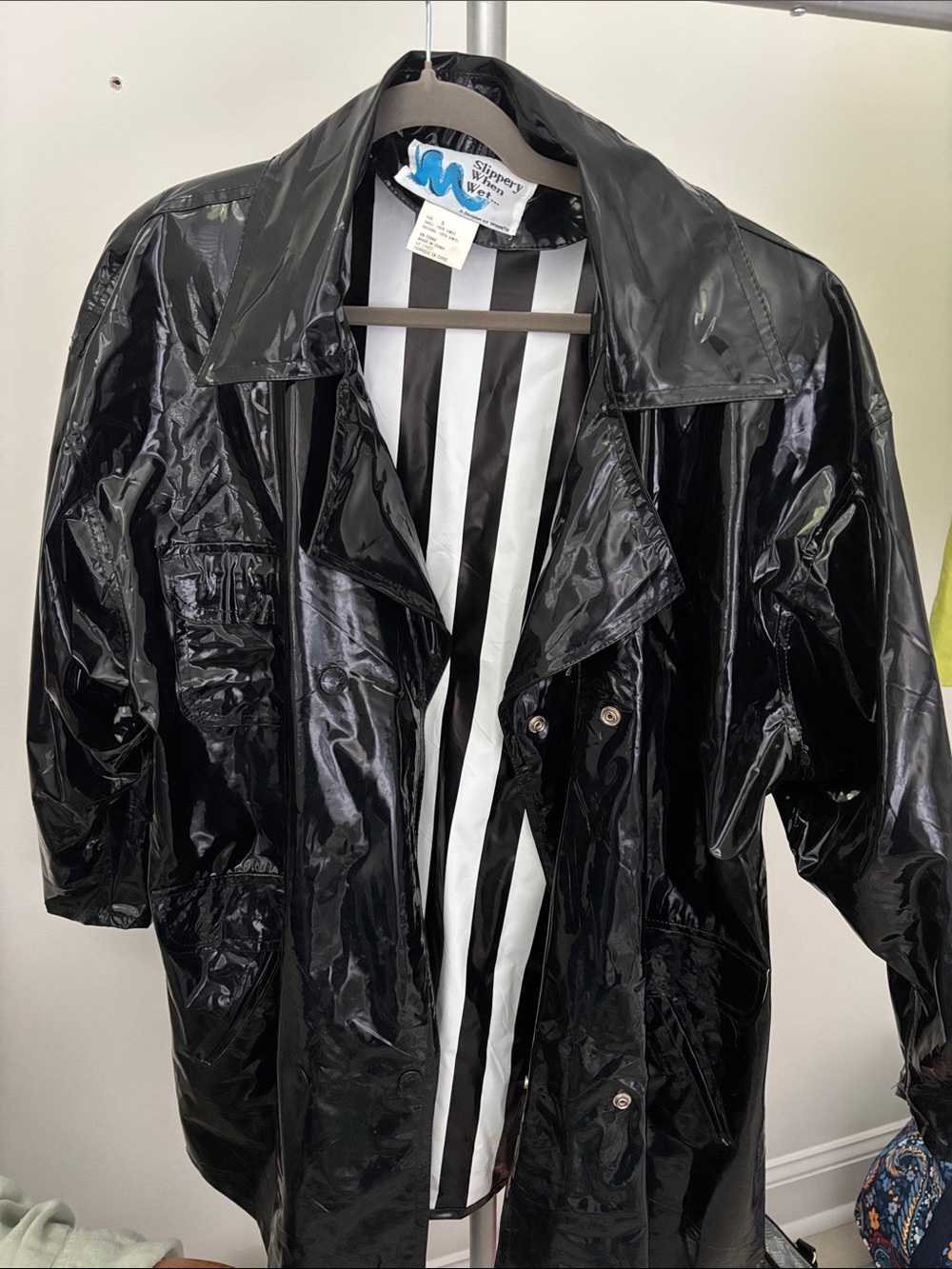 Wet-look Black Trench Coat with Striped Lining